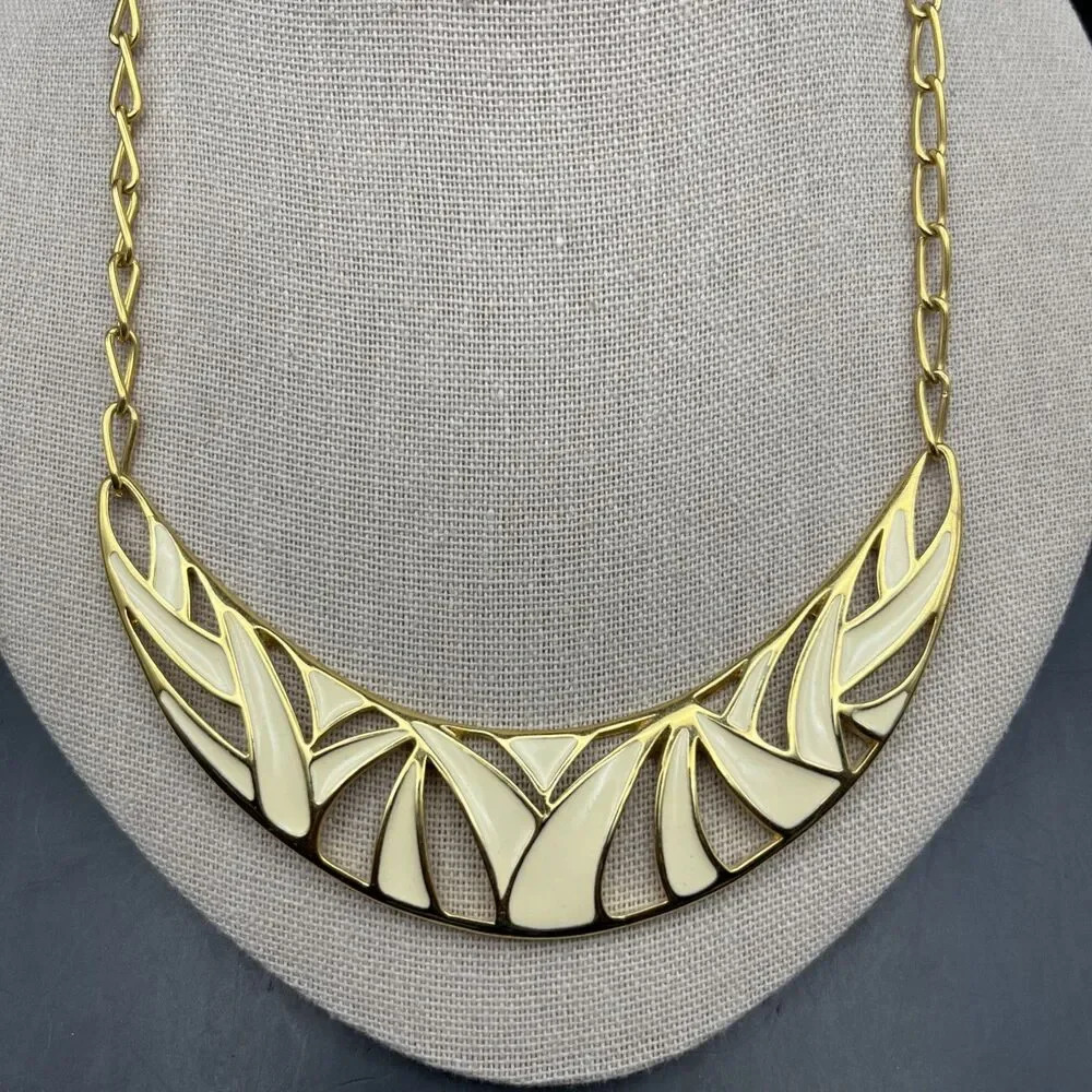 Vintage Monet Enamel Bib Collar Necklace Cream Gold Tone Abstract Design 80s